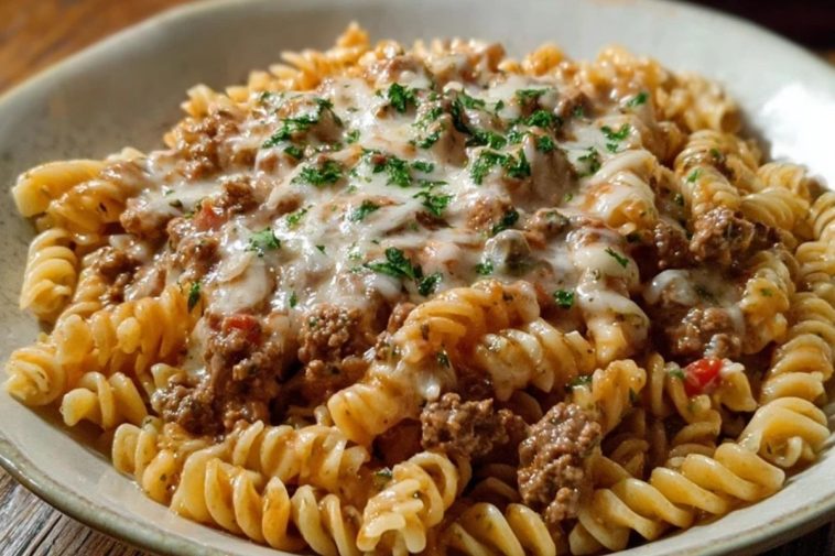 Beef and Rotini in Garlic Parmesan Sauce