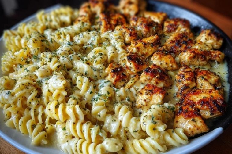 Cheesy Alfredo Twisted Pasta with Golden Garlic Butter Chicken in Creamy Sauce