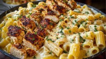 Cheesy Garlic Butter Chicken Bites with Rigatoni in Alfredo Sauce