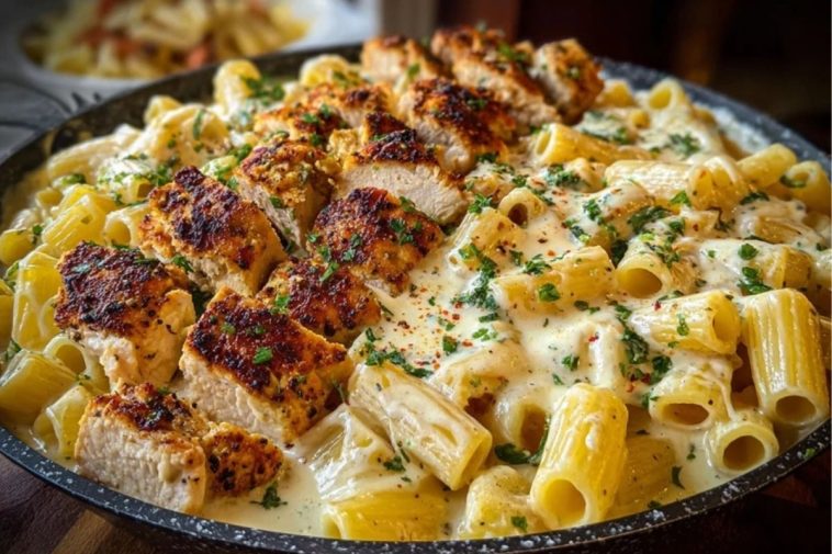 Cheesy Garlic Butter Chicken Bites with Rigatoni in Alfredo Sauce