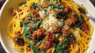 Cheesy Garlic Butter Spaghetti with Italian Sausage & Spinach