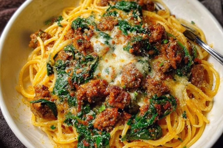 Cheesy Garlic Butter Spaghetti with Italian Sausage & Spinach