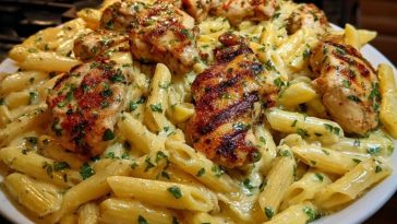 Cheesy Penne and Cajun Chicken in Garlic Parmesan Cream