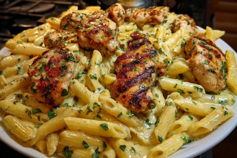 Cheesy Penne and Cajun Chicken in Garlic Parmesan Cream