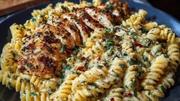 Cheesy Twisted Pasta with Creamy Garlic Parmesan Chicken