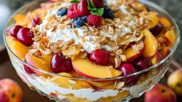 Creamy Peach Cobbler Cheesecake Fruit Salad