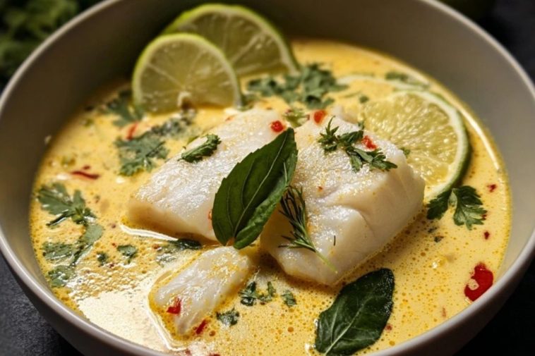 Coconut Lime Poached Fish Soup with a Creamy Finish