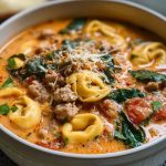 Cozy Slow Cooker Creamy Tortellini Soup with Spinach & Sausage