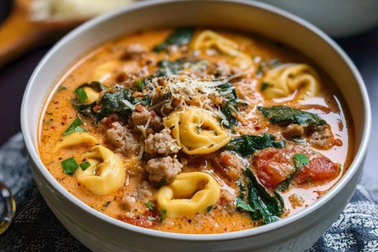 Cozy Slow Cooker Creamy Tortellini Soup with Spinach & Sausage