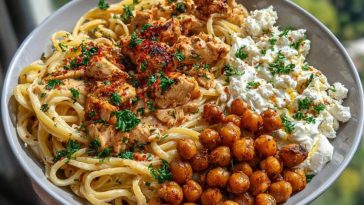 Creamy Cajun Chicken Pasta with Whipped Roasted Garlic Feta & Crispy Chickpeas