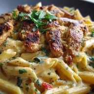 Creamy Cajun Chicken Penne Pasta with Garlic Mozzarella Sauce