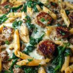 Creamy Garlic Butter Beef Penne with Sausage and Spinach