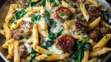 Creamy Garlic Butter Beef Penne with Sausage and Spinach