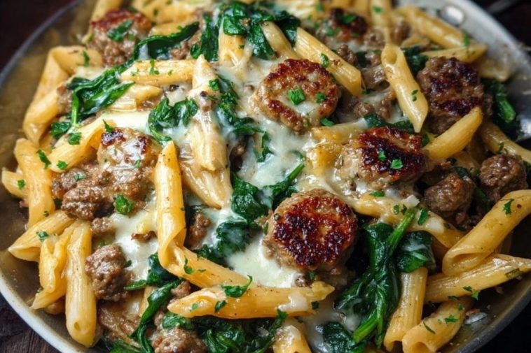 Creamy Garlic Butter Beef Penne with Sausage and Spinach