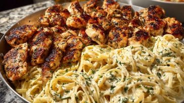 Creamy Garlic Butter Chicken & Linguine in Alfredo Sauce