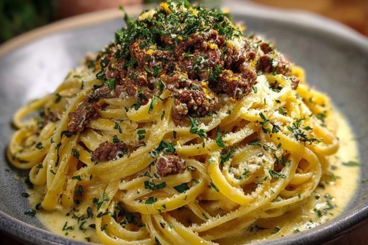 Creamy Parmesan Beef Linguine with Garlic Butter Sauce