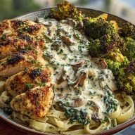 Delicious Spinach-Artichoke Greek Chicken Alfredo Recipe with Crispy Parmesan Broccoli and Mushroom Basil Cream