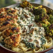 Delicious Spinach-Artichoke Greek Chicken Alfredo Recipe with Crispy Parmesan Broccoli and Mushroom Basil Cream