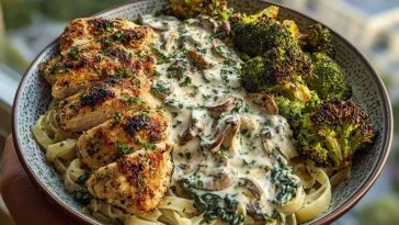 Delicious Spinach-Artichoke Greek Chicken Alfredo Recipe with Crispy Parmesan Broccoli and Mushroom Basil Cream