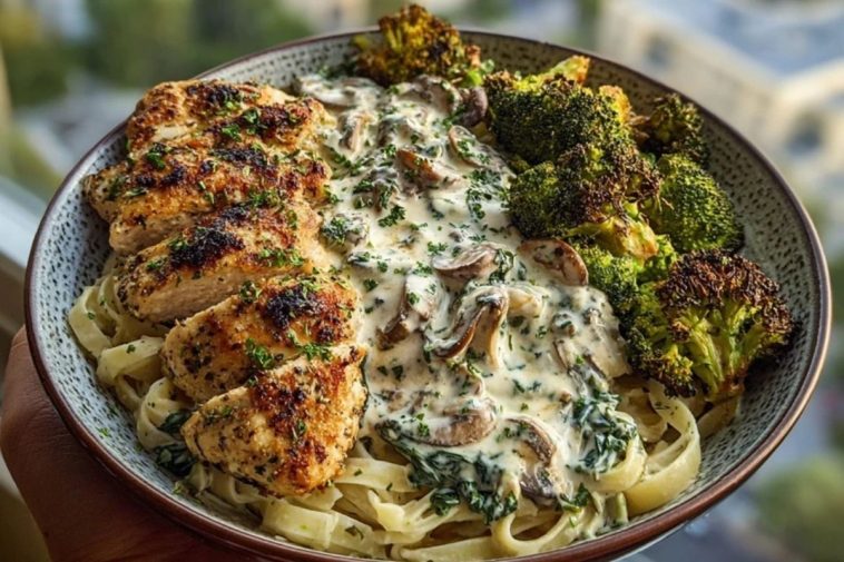 Delicious Spinach-Artichoke Greek Chicken Alfredo Recipe with Crispy Parmesan Broccoli and Mushroom Basil Cream