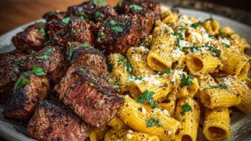 Garlic Butter Steak with Creamy Parmesan Rigatoni