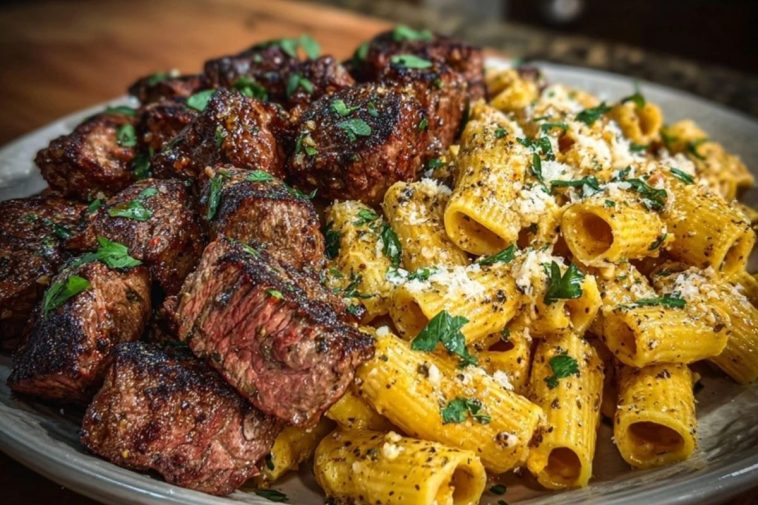 Garlic Butter Steak with Creamy Parmesan Rigatoni