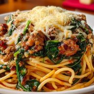 Garlic Butter Spaghetti with Cheesy Italian Sausage and Spinach