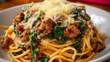 Garlic Butter Spaghetti with Cheesy Italian Sausage and Spinach