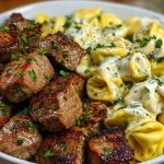 Garlic Butter Steak Bites with Creamy Parmesan Tortellini and Garlic Sauce