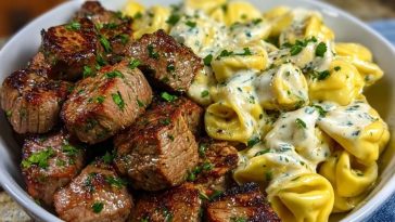 Garlic Butter Steak Bites with Creamy Parmesan Tortellini and Garlic Sauce