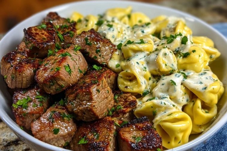 Garlic Butter Steak Bites with Creamy Parmesan Tortellini and Garlic Sauce