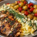 Greek Chicken Alfredo & Garlic Potatoes with Spicy Hot Honey Tahini Pesto