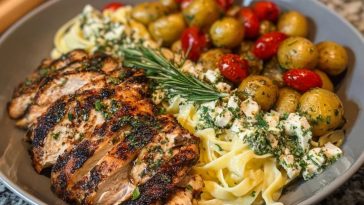 Greek Chicken Alfredo & Garlic Potatoes with Spicy Hot Honey Tahini Pesto