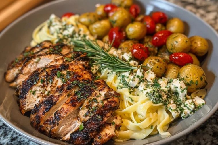 Greek Chicken Alfredo & Garlic Potatoes with Spicy Hot Honey Tahini Pesto