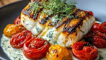 Grilled Cod with Roasted Tomatoes & Creamy Dill Sauce