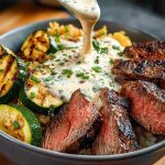 Grilled Steak Bowl with Creamy Sauce & Grilled Zucchini