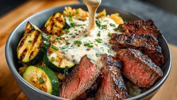 Grilled Steak Bowl with Creamy Sauce & Grilled Zucchini