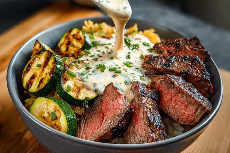 Grilled Steak Bowl with Creamy Sauce & Grilled Zucchini