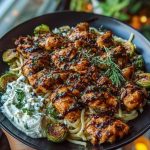 Hot Honey Balsamic Chicken Alfredo with Whipped Feta & Crispy Brussels Chips