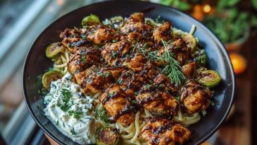 Hot Honey Balsamic Chicken Alfredo with Whipped Feta & Crispy Brussels Chips