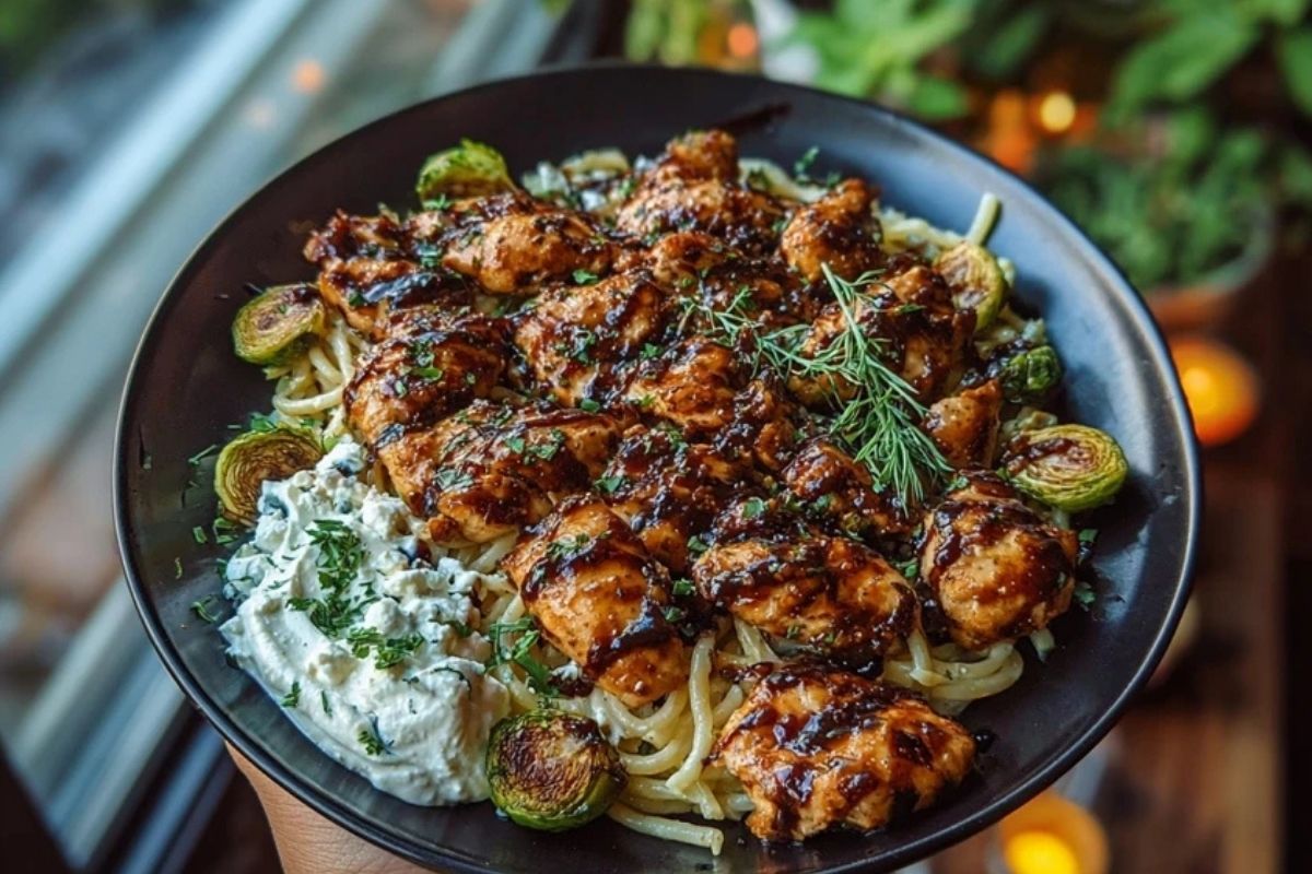 Hot Honey Balsamic Chicken Alfredo with Whipped Feta & Crispy Brussels Chips