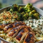 Pesto Chicken Alfredo with Spicy Feta Cream & Parmesan Broccoli Crunch