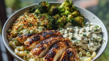 Pesto Chicken Alfredo with Spicy Feta Cream & Parmesan Broccoli Crunch