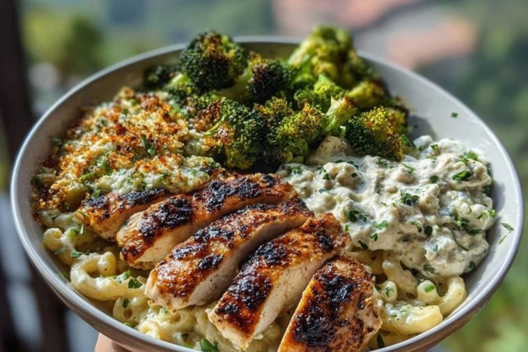 Pesto Chicken Alfredo with Spicy Feta Cream & Parmesan Broccoli Crunch