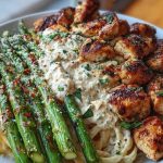 Savory Greek Chili Chicken Alfredo Recipe with Smoked Feta Cream & Crispy Parmesan Asparagus