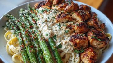 Savory Greek Chili Chicken Alfredo Recipe with Smoked Feta Cream & Crispy Parmesan Asparagus