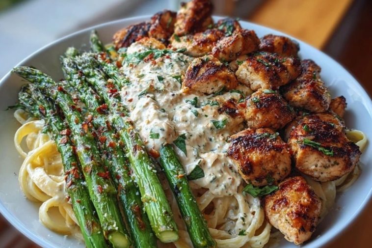 Savory Greek Chili Chicken Alfredo Recipe with Smoked Feta Cream & Crispy Parmesan Asparagus