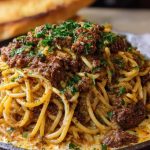 Cajun Beef Spaghetti in Creamy Three-Cheese Parmesan Sauce
