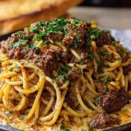 Cajun Beef Spaghetti in Creamy Three-Cheese Parmesan Sauce