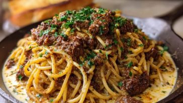 Cajun Beef Spaghetti in Creamy Three-Cheese Parmesan Sauce